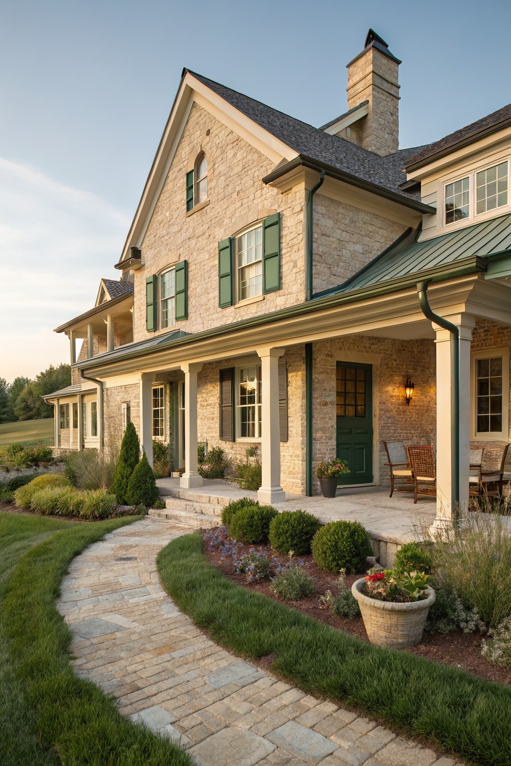 A stone farmhouse exterior with green shutters, a green front door, and a curved stone walkway leading to the porch.