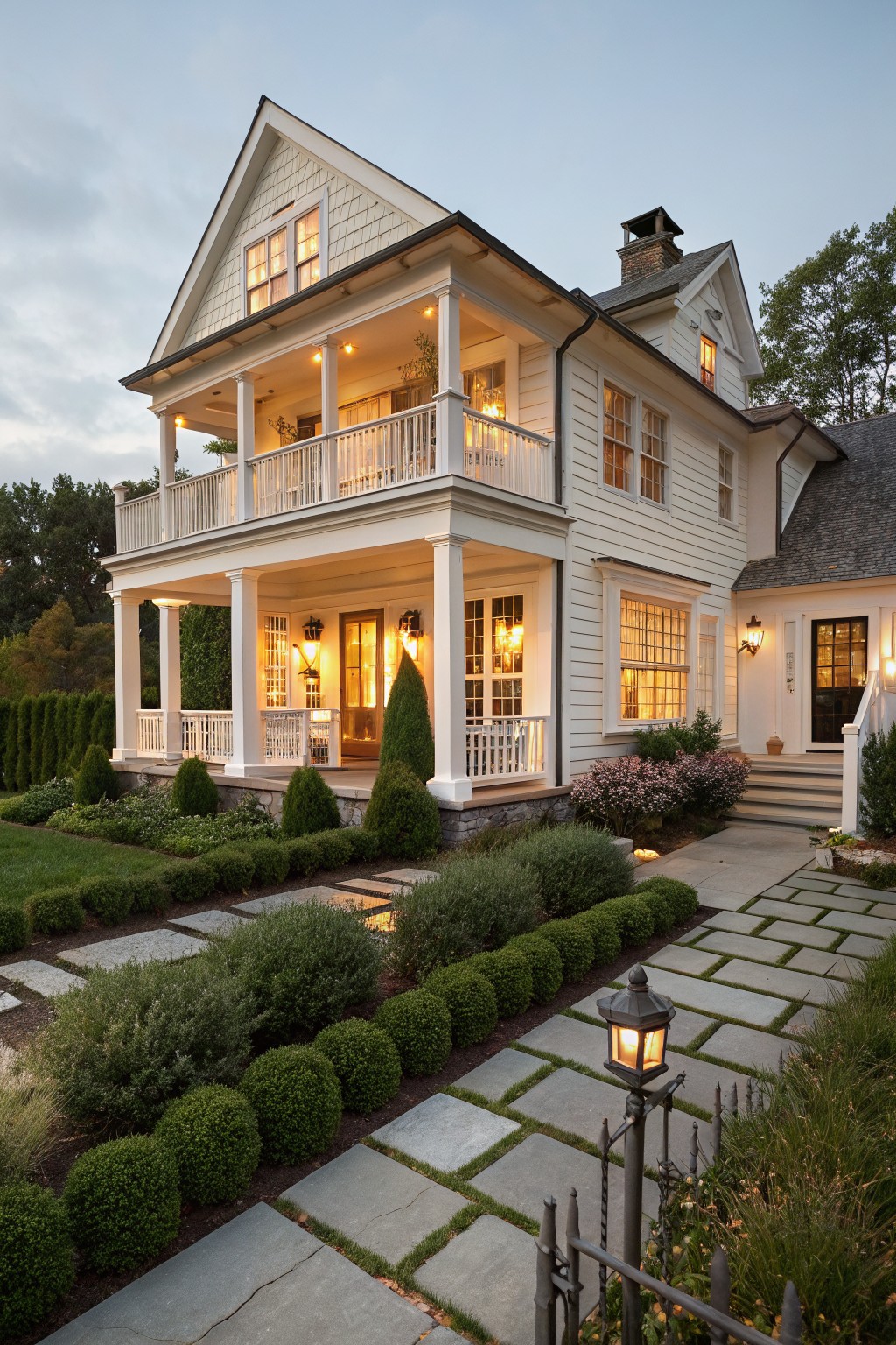 A two-story white farmhouse exterior at dusk with a large covered porch on the ground level and an open balcony porch above, both supported by white columns and railings.