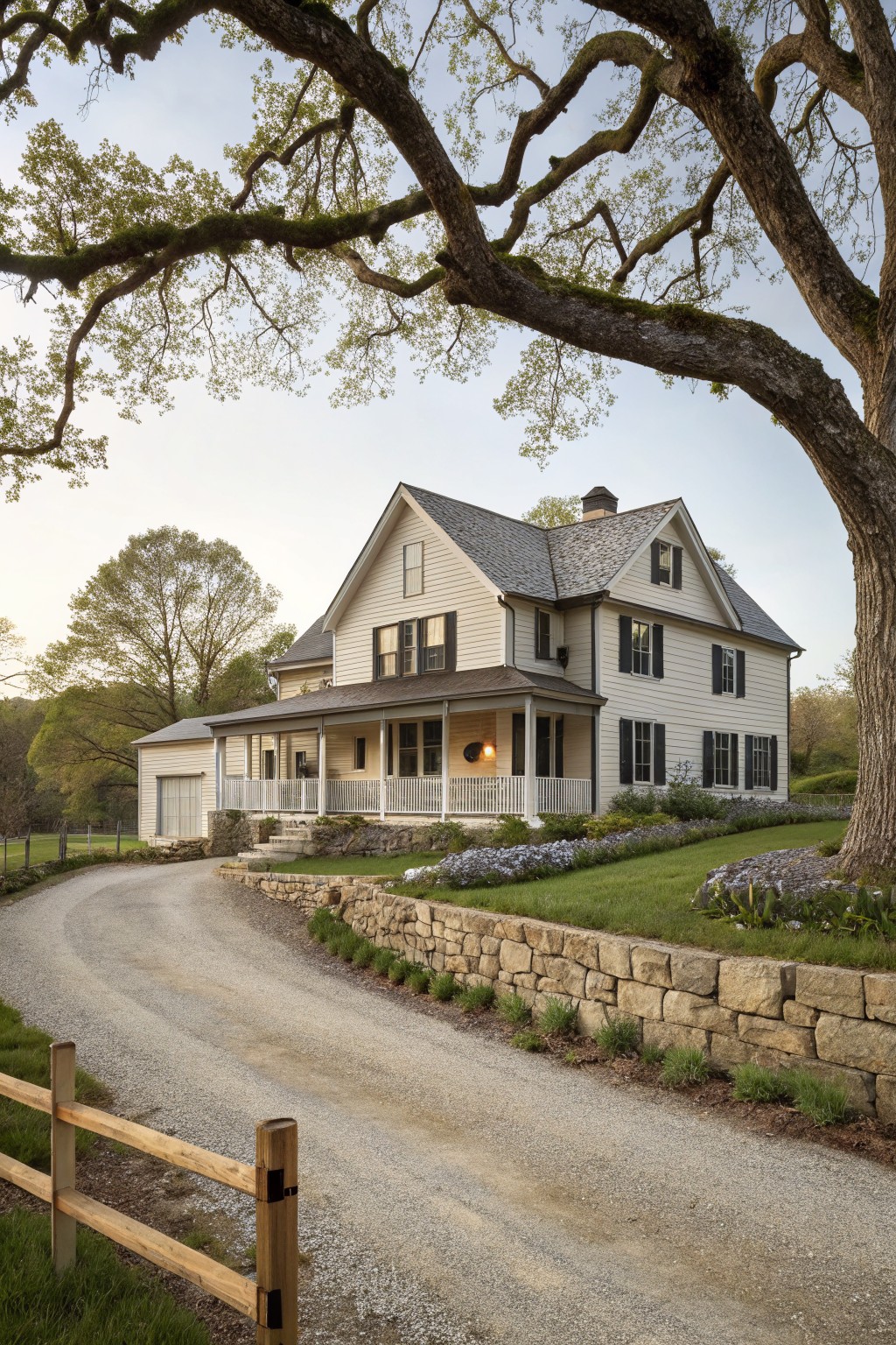 A two-story white farmhouse with black shutters, a covered front porch, and a curved gravel driveway bordered by a low stone wall.