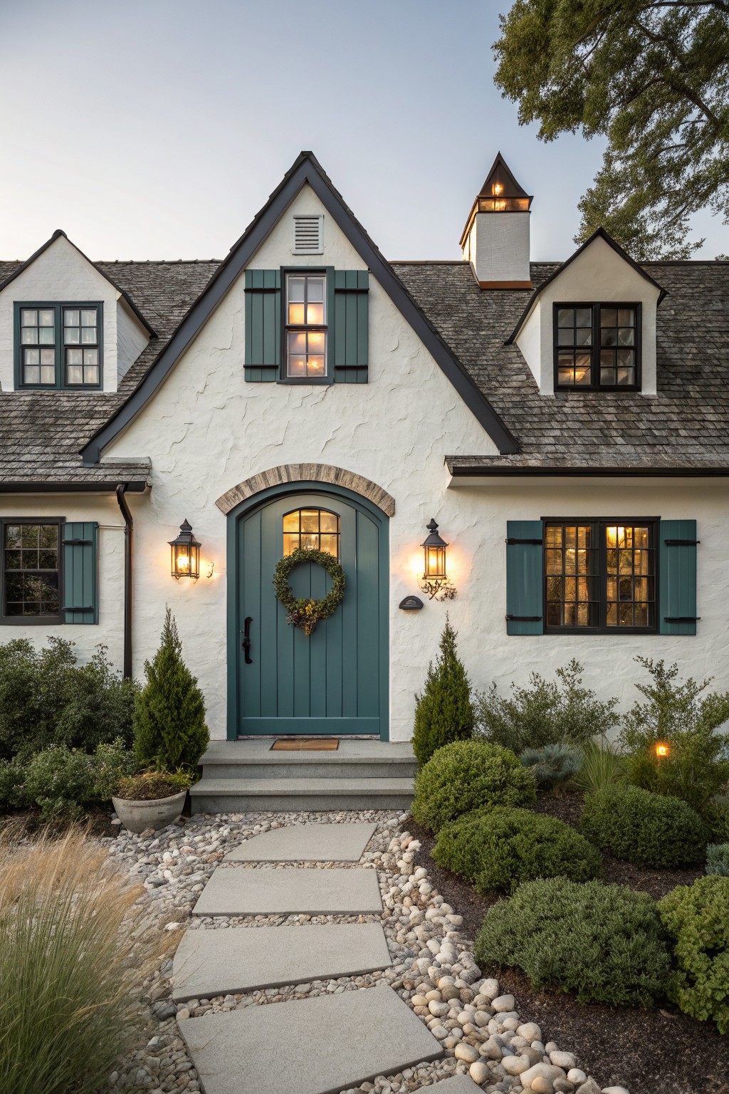 A white stucco Cape Cod house with a teal arched front door, green shutters, and a stone path leading to the entry.