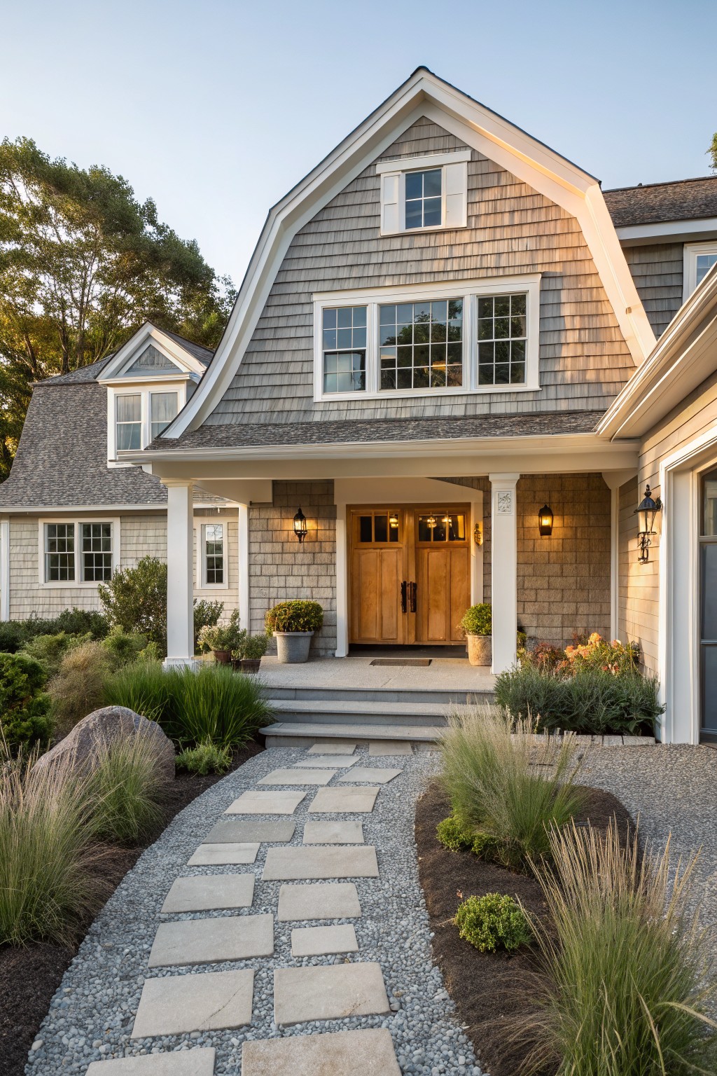 Front exterior of a Cape Cod style house with gray shingles, a large front gable, white columns supporting a centered portico, double wooden doors, and a stone path leading to the steps.