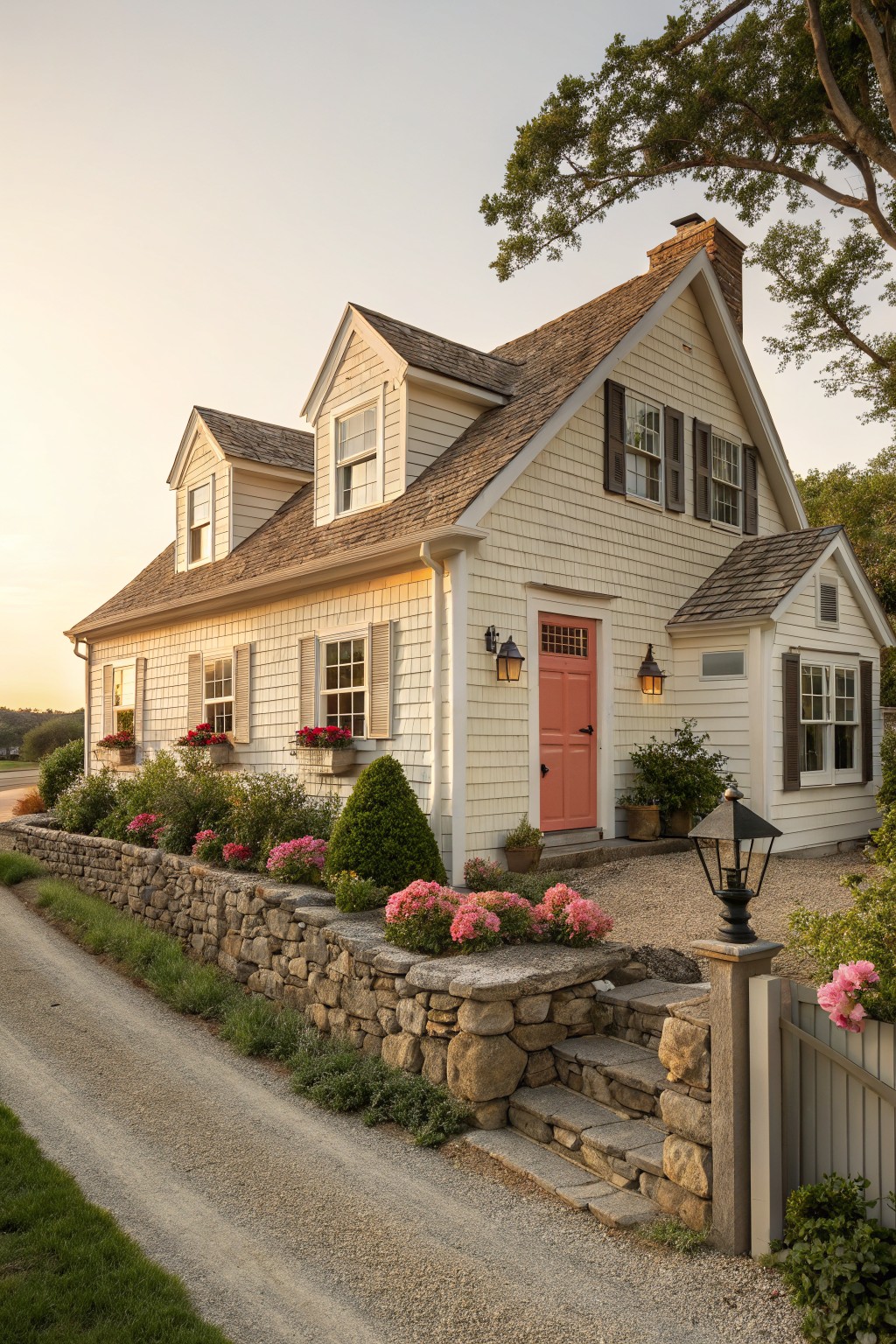 A white shingled Cape Cod house with a coral front door, dark shutters, and a stone wall with pink flowers in front.