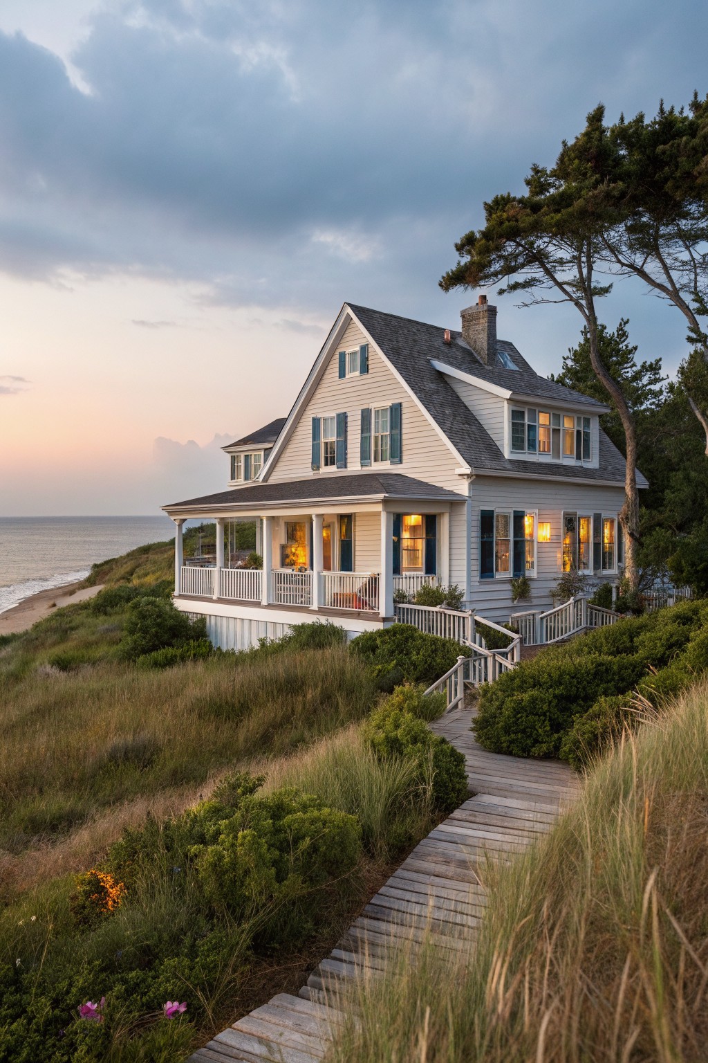 A white two-story Cape Cod farmhouse with blue shutters and a wraparound porch sits on a bluff above the ocean, with a wooden boardwalk running through coastal grasses and shrubs up to the house.
