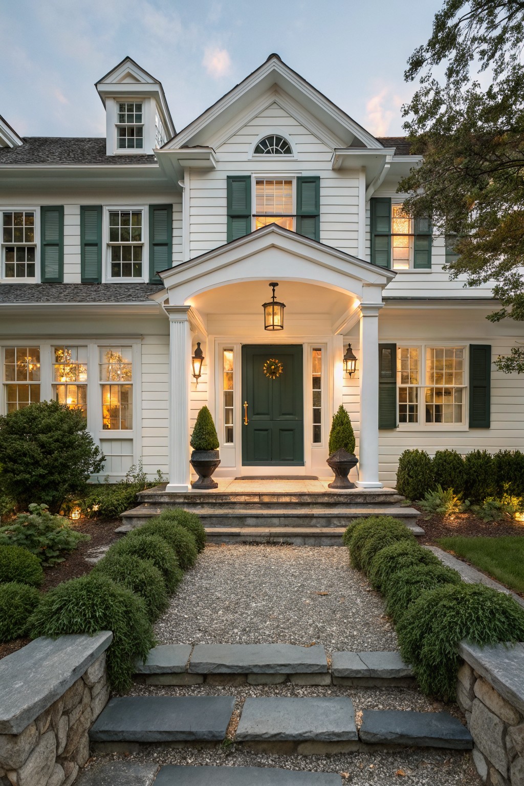 White colonial house with green door, shutters, columns, and gravel path at dusk