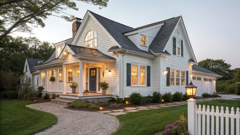 A Cape Cod style house with white clapboard siding on the lower walls, gray shingles on the gables, a dark blue front door under a white porch, and a curved stone path bordered by a white picket fence.