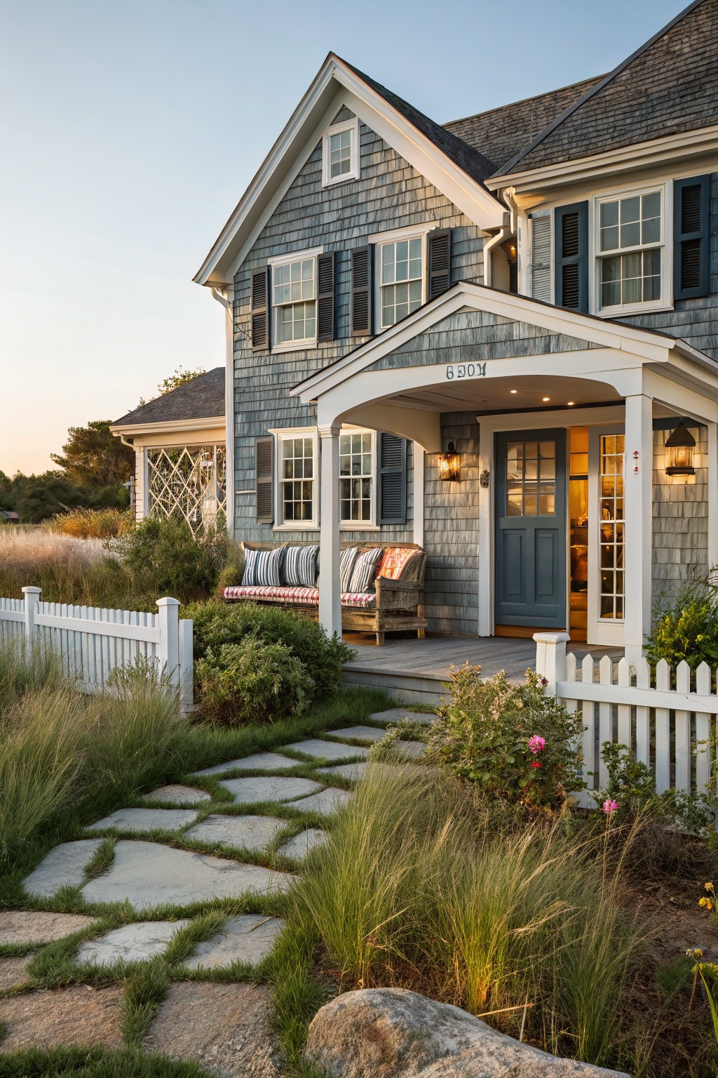 Gray shingled house with blue door, white porch, stone path, and picket fence at dusk.
