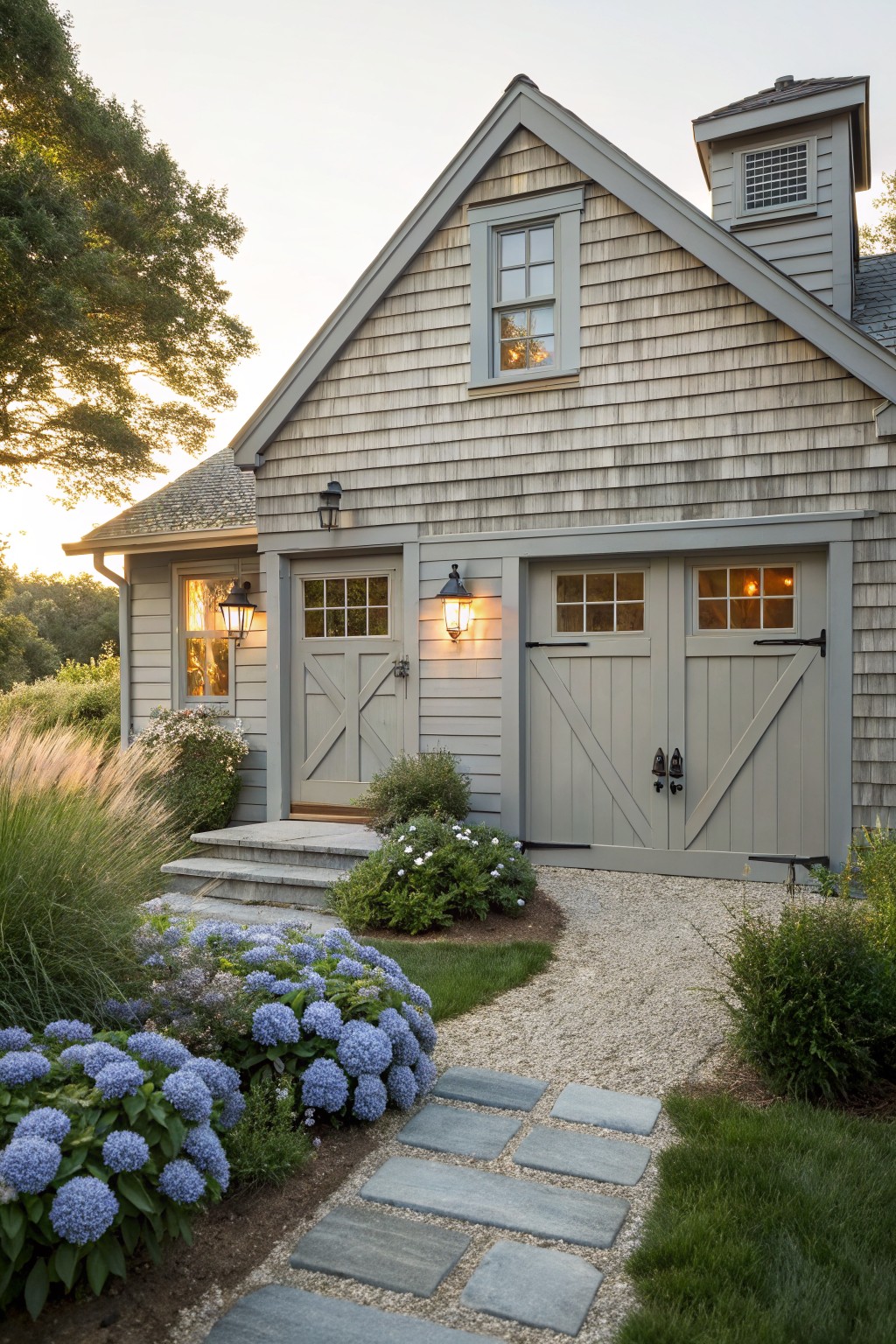 Front view of a gray shingled Cape Cod house with barn-style garage doors, a small entry door, blue hydrangeas, and a gravel path with stepping stones.