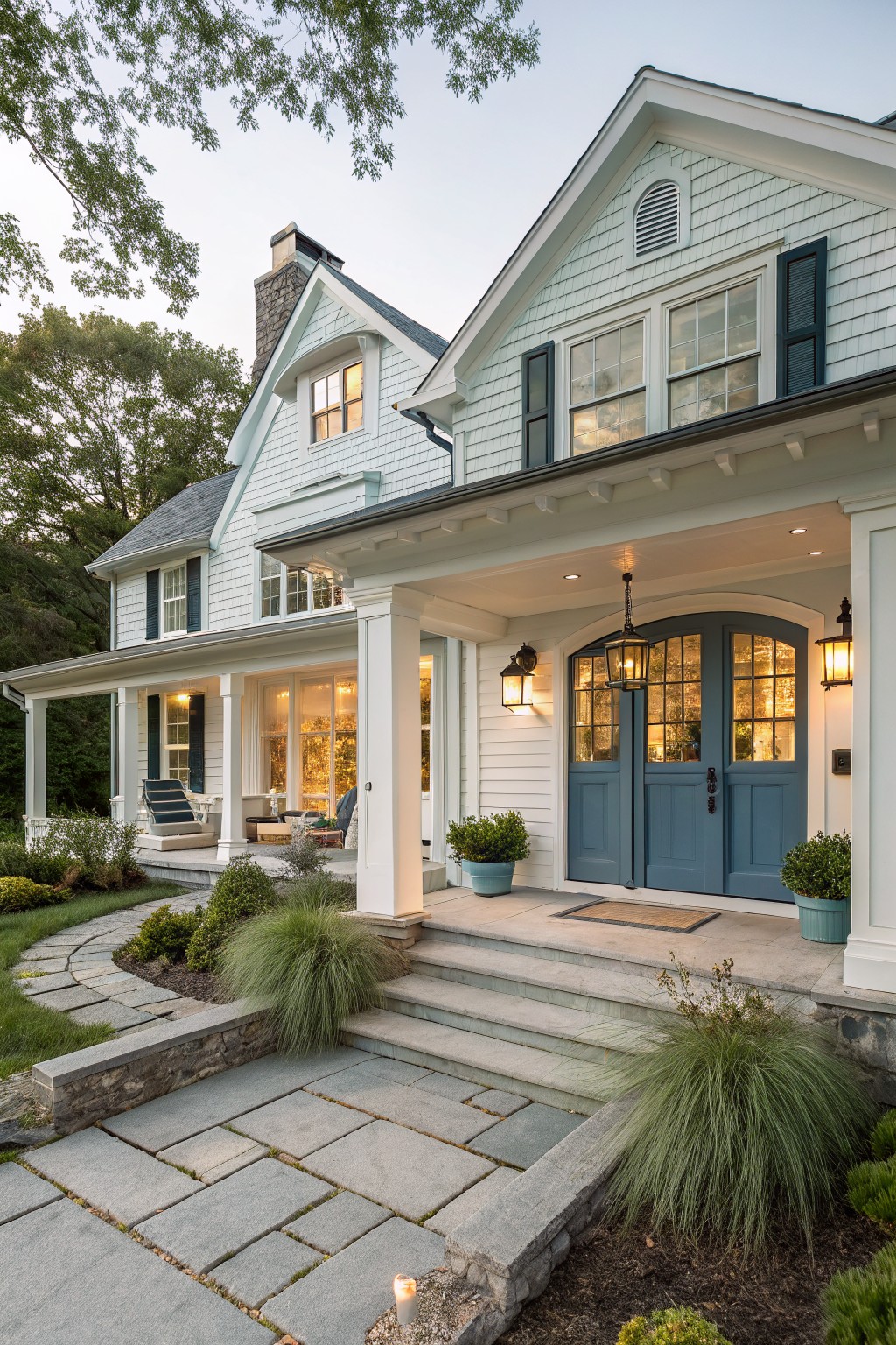 A Cape Cod style house with light blue shingle siding, white trim, blue double front doors, and a stone pathway leading to the covered entry.