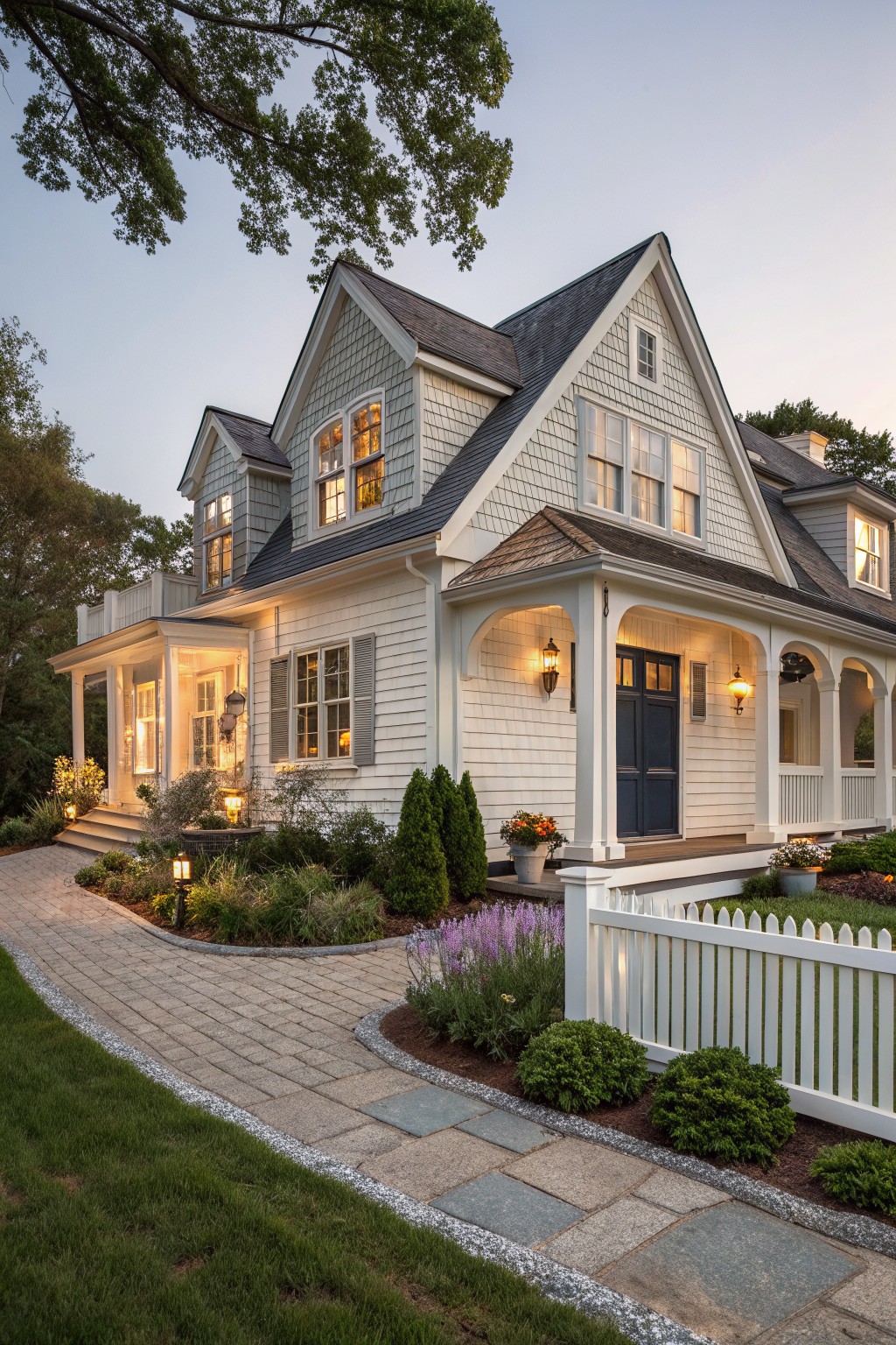 A Cape Cod style house with white clapboard siding on the lower walls, gray shingles on the gables, a dark blue front door under a white porch, and a curved stone path bordered by a white picket fence.