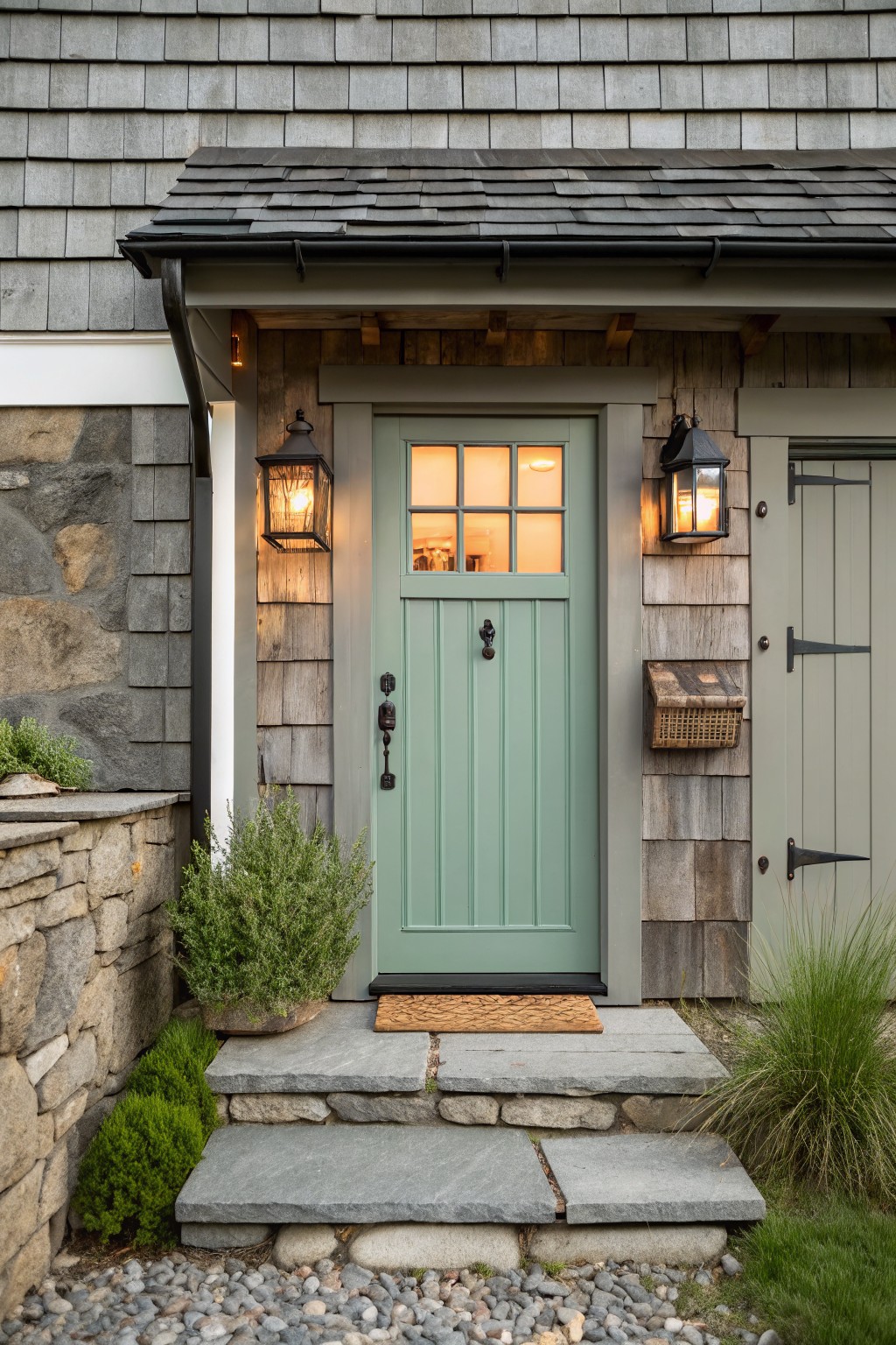 Sage green door with glowing lanterns on stone steps of shingled house