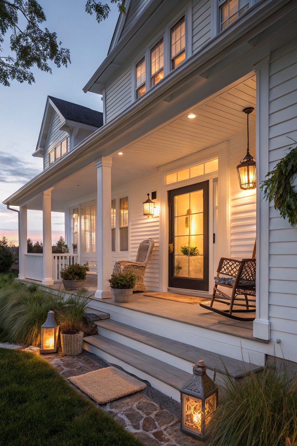 A white two-story house with a covered front porch, two rocking chairs, potted plants, and several lit lanterns at dusk.