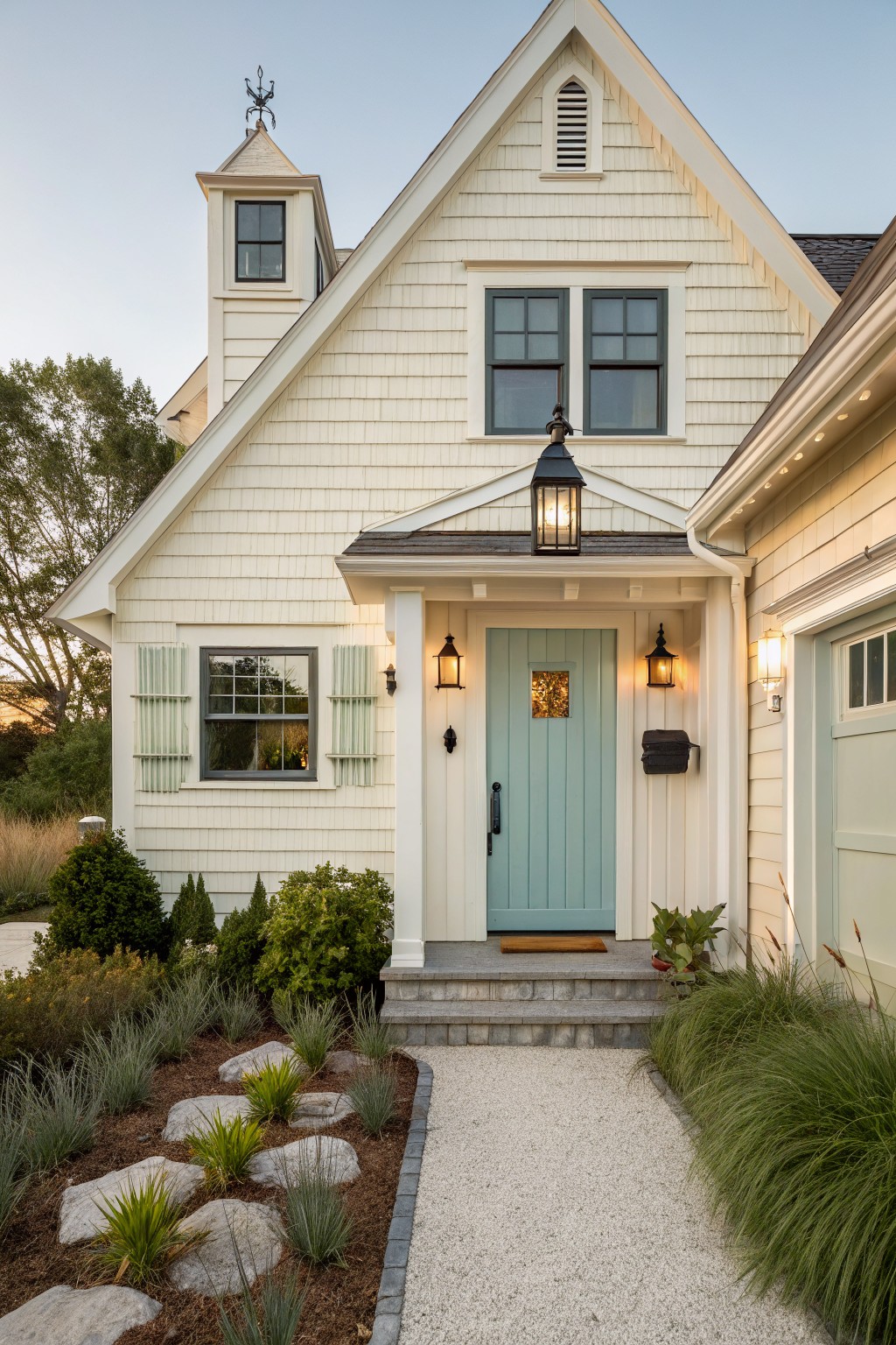 A white shingled Cape Cod house with a light blue front door, gabled roof, and gravel path leading to the entrance.