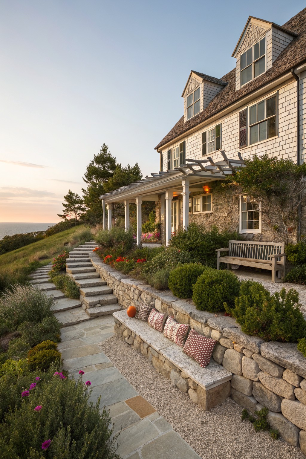 A white shingled house with a stone foundation and retaining walls sits on a grassy slope above the ocean, with stone steps and a gravel path leading to a covered porch.