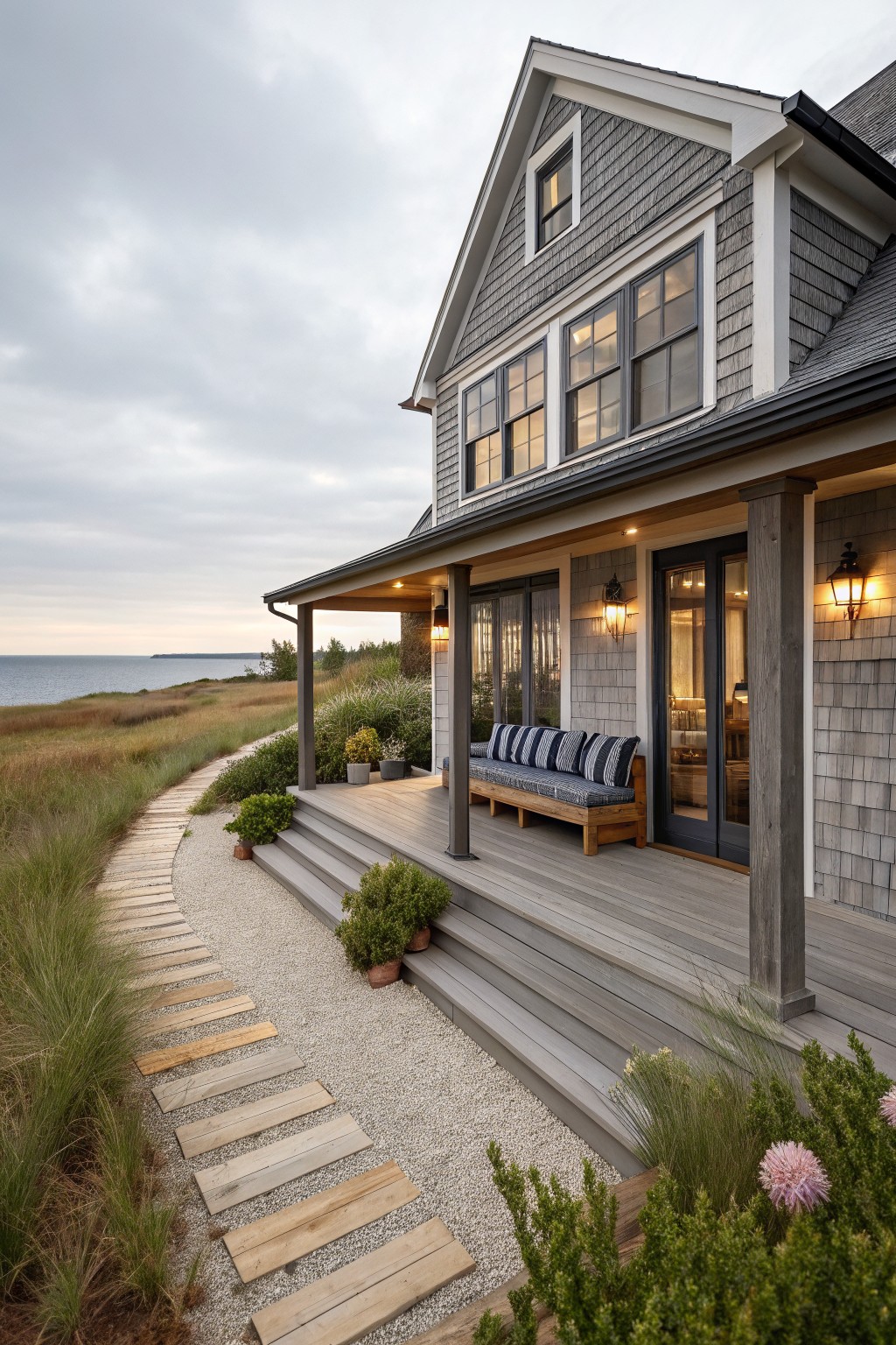 A gray shingled two-story house with a wide wooden porch, steps leading to a gravel path, and the ocean visible in the distance.
