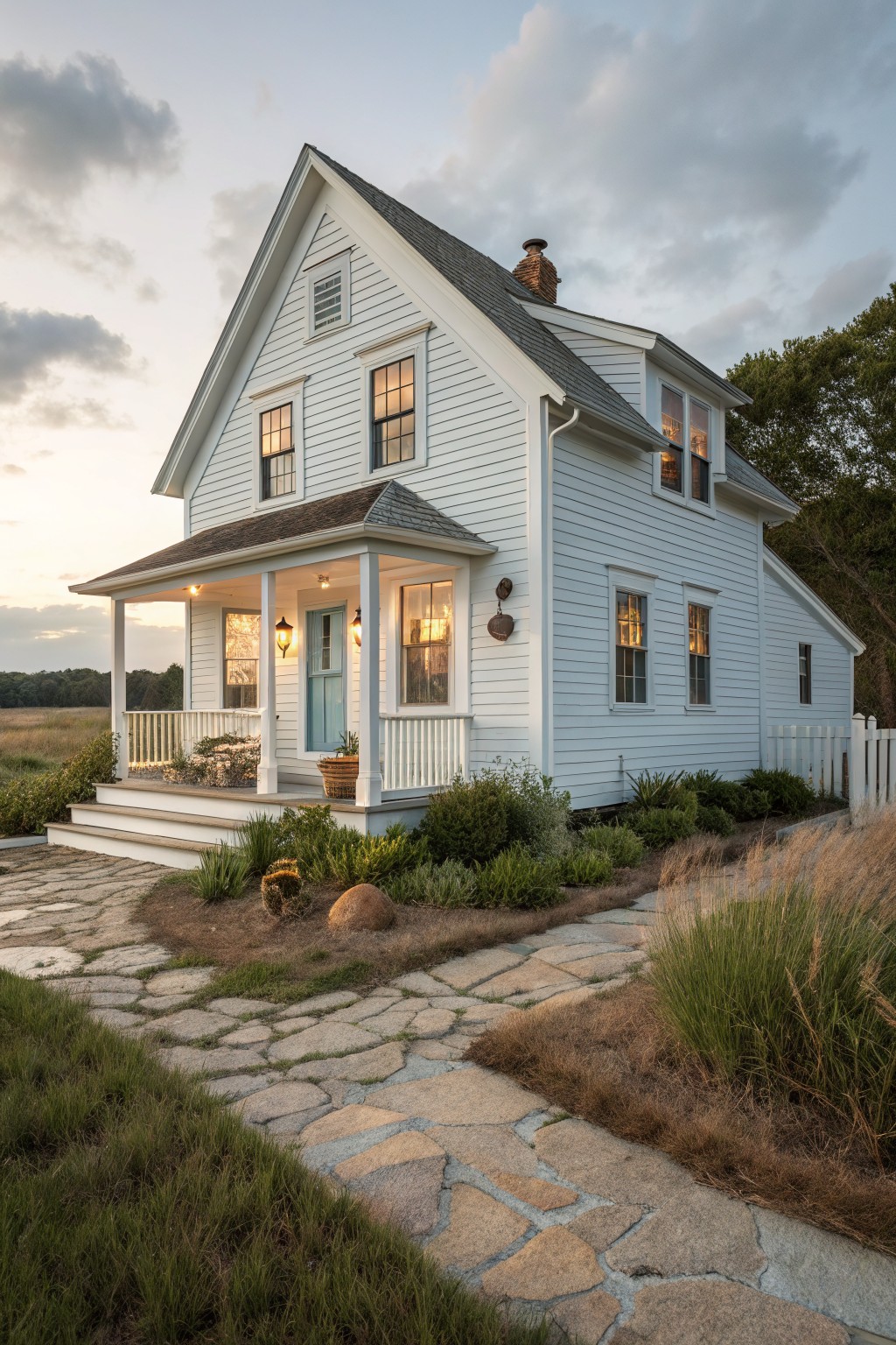 A white two-story Cape Cod farmhouse with dark roof shingles, a front porch, and a stone path leading to the entrance.