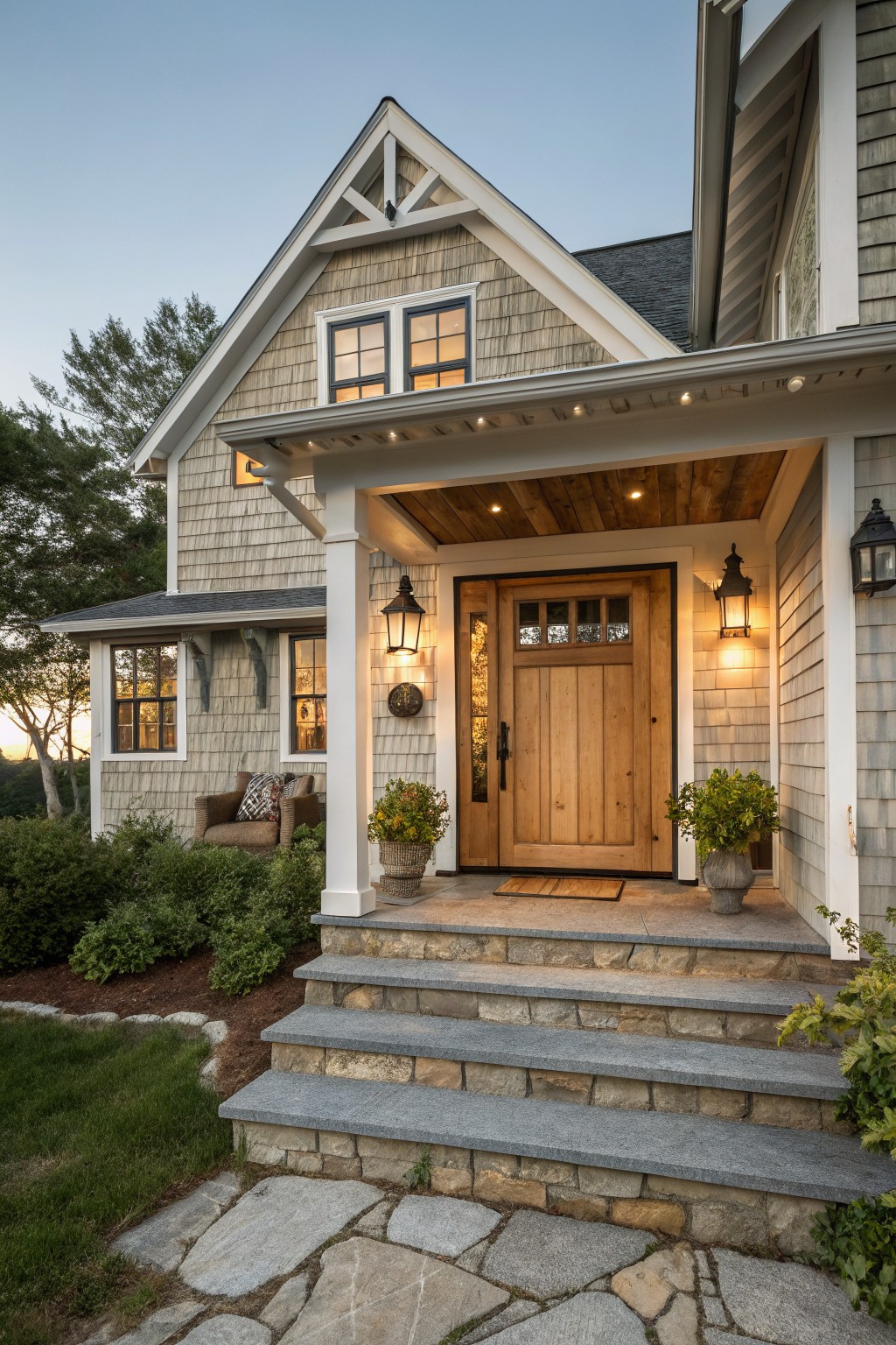 Gray shingled house with wooden door, stone steps, and glowing porch lanterns