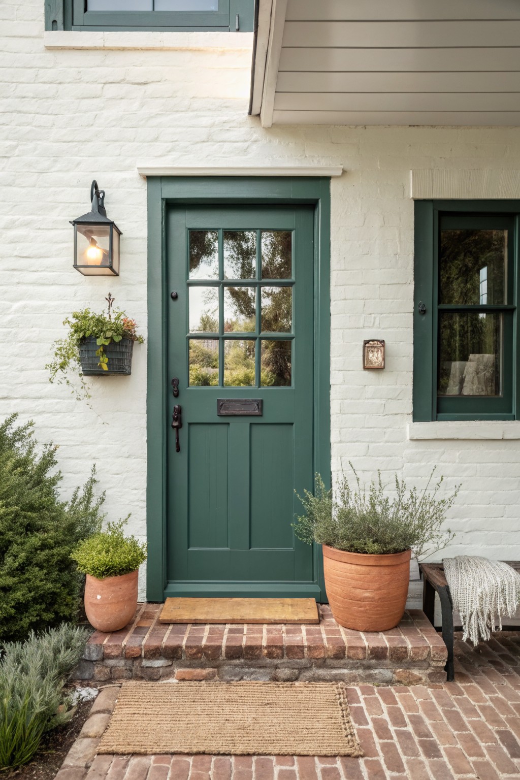 A white painted brick house exterior with a deep green front door, a black wall lantern, and two terracotta pots on the brick step.