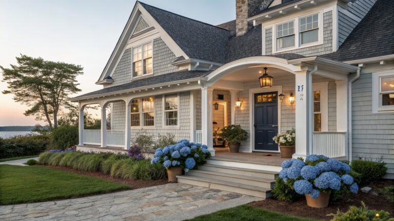 Gray shingled house with white arched porch, blue door, and stone steps.