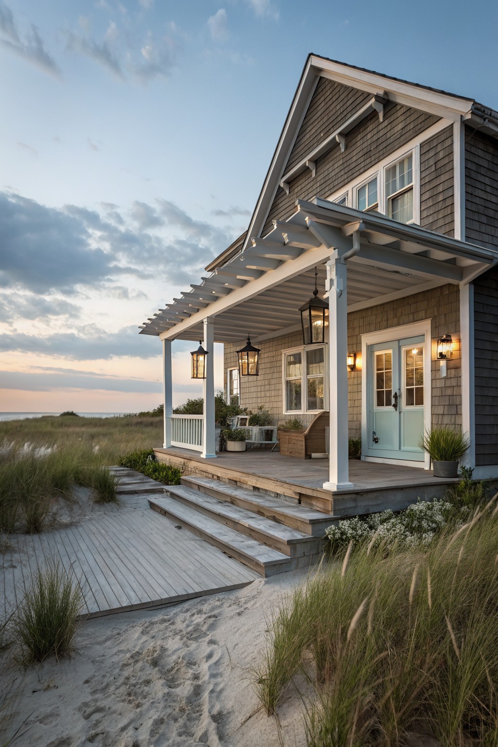 A gray shingle house with white trim, a light blue door, and a covered porch on a sandy beach.