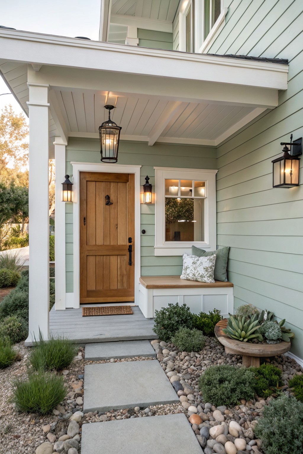 A house exterior with sage green siding, white trim around the door and window, a wooden front door, wall lanterns, a built-in bench with pillows, and a gravel and stone pathway.