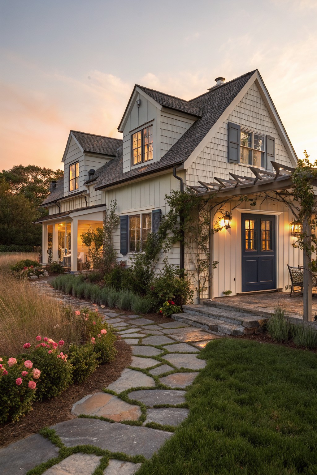 A two-story coastal farmhouse with light siding, dark blue front door and shutters, stone pathway, and evening light.