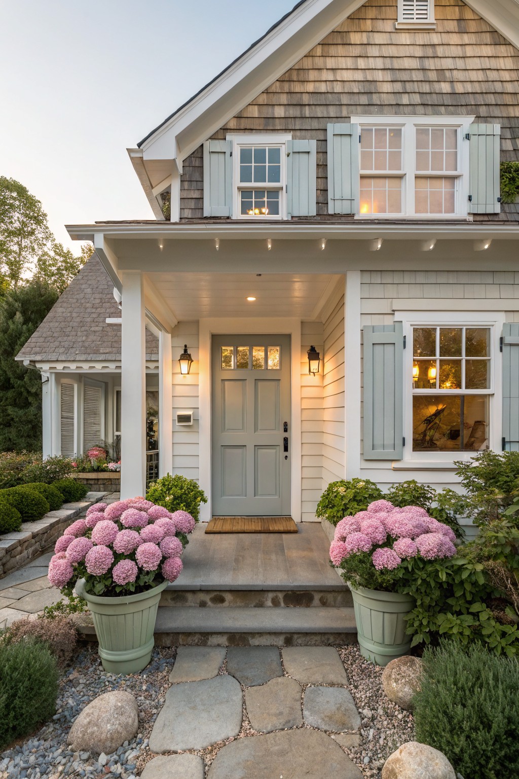 Front view of a coastal farmhouse showing a gray front door, light green shutters, white trim, and two large pots of pink flowers on the steps.
