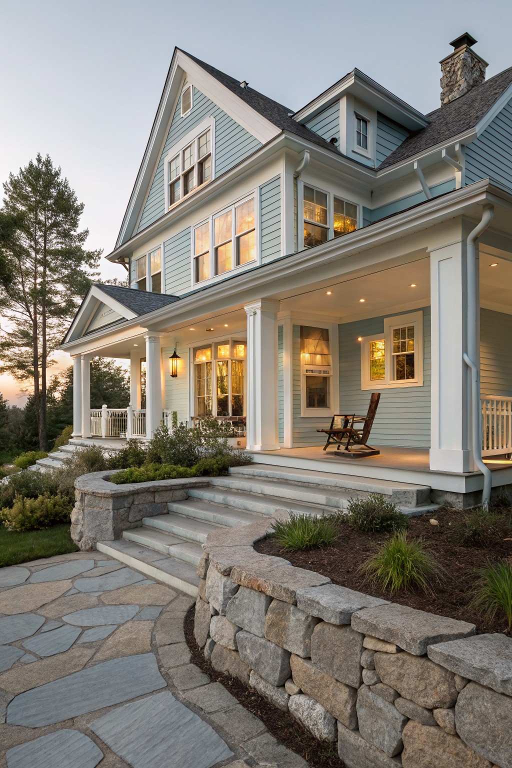 A two-story coastal farmhouse with light blue siding, white trim, a covered porch, and stone steps leading to the front entrance.