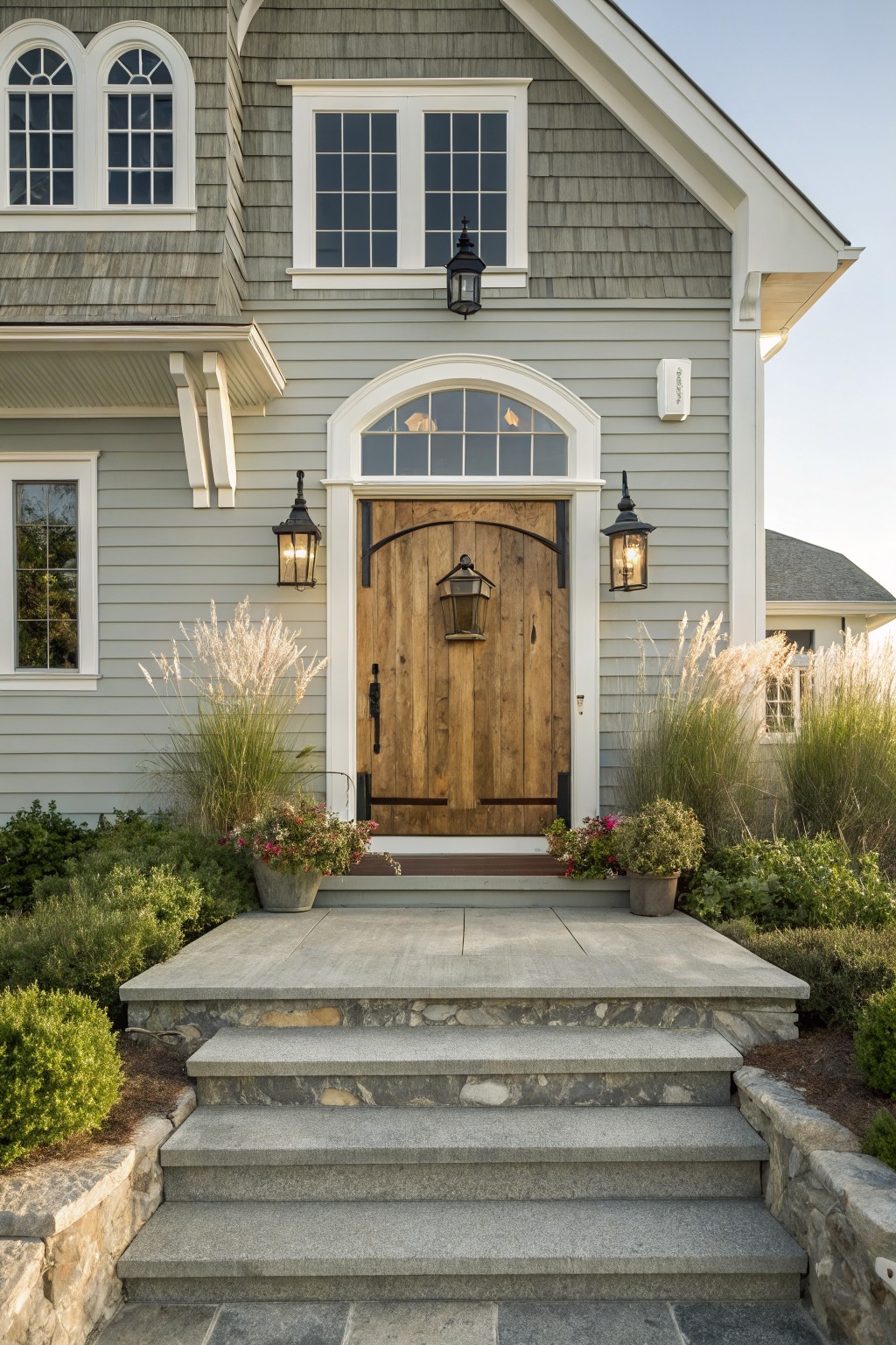 Front view of a two-story house with light gray siding, white trim, a wooden front door with an arched transom window, black lanterns, and concrete steps with stone borders.