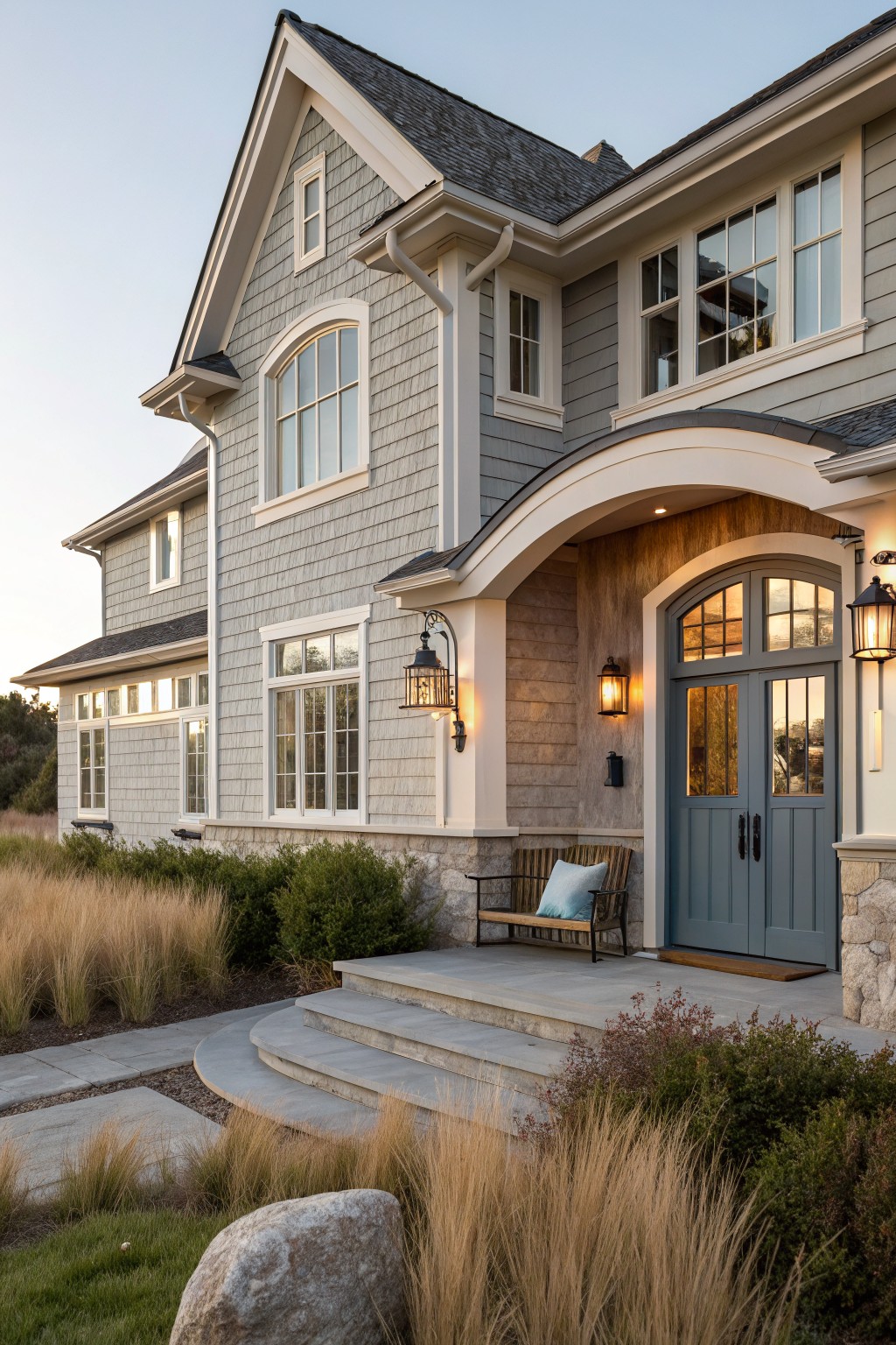 A two-story house with gray shingle siding, white trim, a blue front door under an arched entry, stone accents, and a porch with a bench.