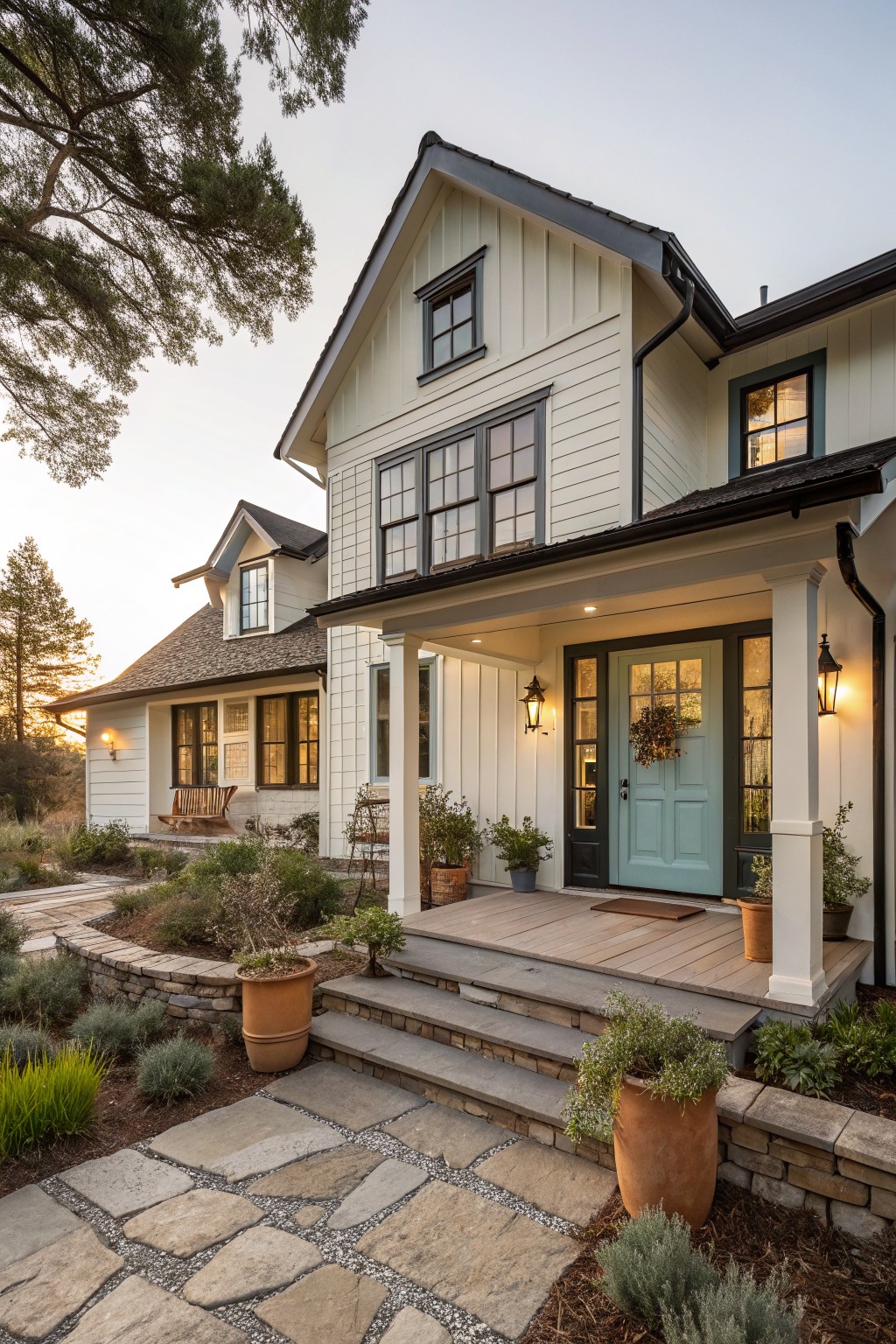 White two-story house with pale blue door, porch, stone path, and potted plants.