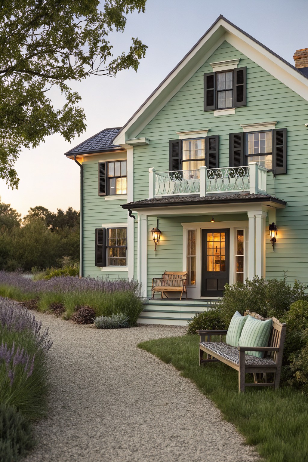 A two-story light green house with dark shutters, white trim, a front porch, and a gravel path leading to the entrance.