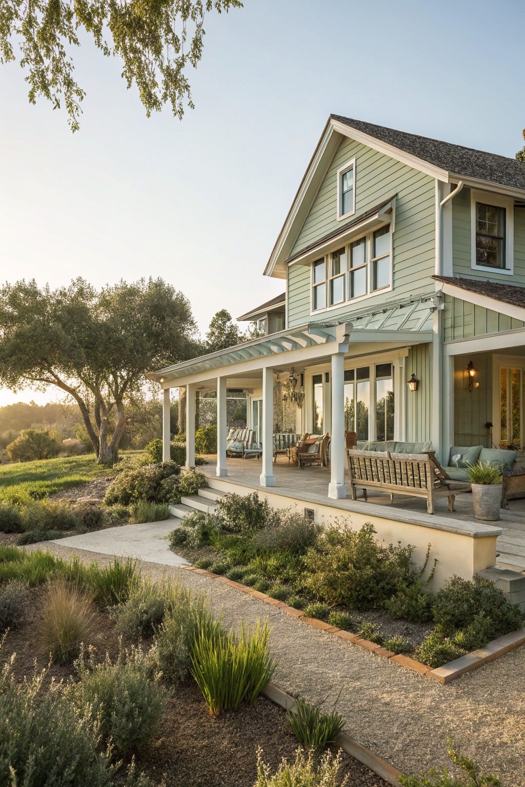 A two-story house with light green siding, white trim, and a large covered porch set among gravel paths and garden beds.