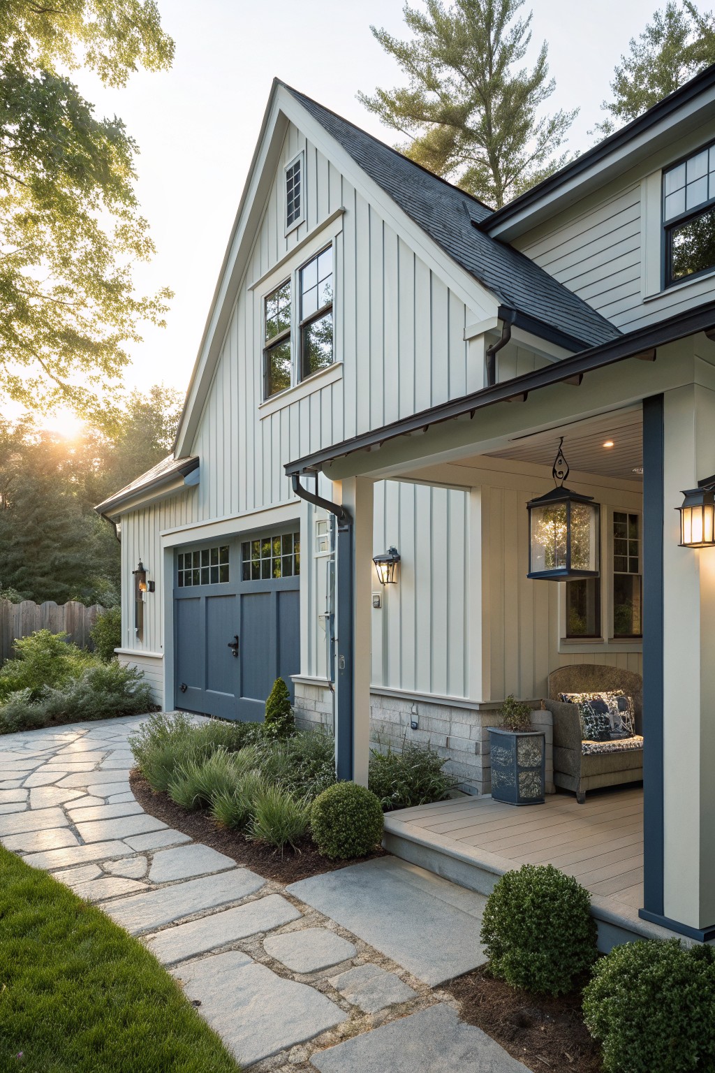 A two-story coastal farmhouse exterior with off-white vertical siding, a blue-gray garage door, dark trim, and a covered porch with seating.