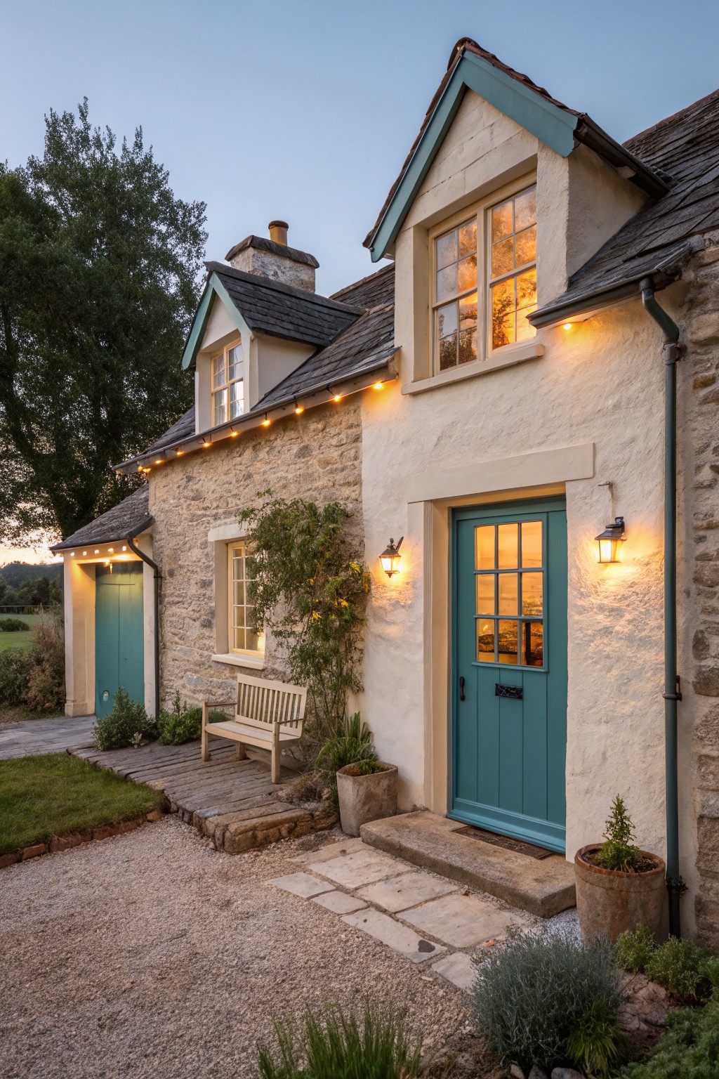 A stone house exterior at dusk with a teal front door, teal window trim, and warm exterior lighting.