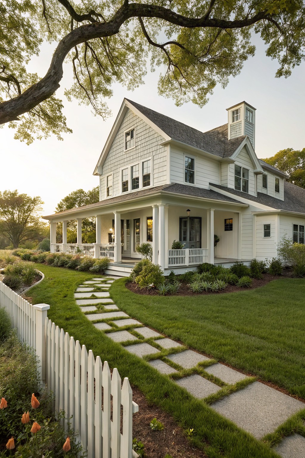 White shingled house with porch, cupola, stone path, picket fence, and green lawn.
