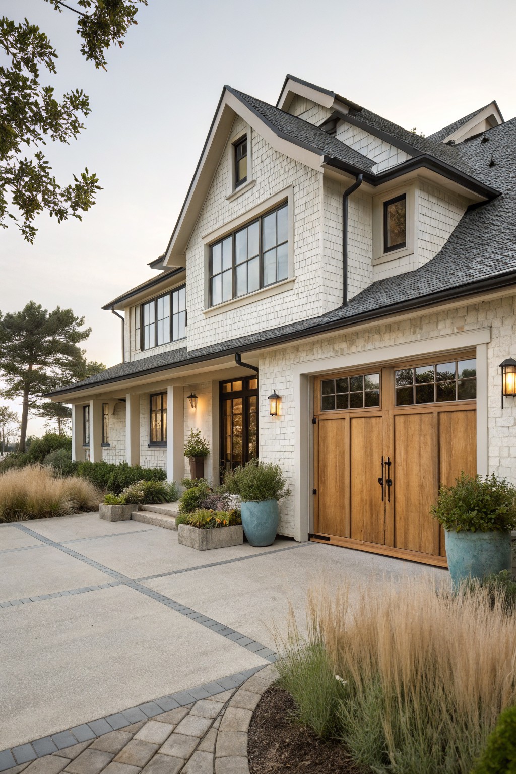 A two-story coastal farmhouse exterior with white shingle siding, wooden garage doors, and stone accents.