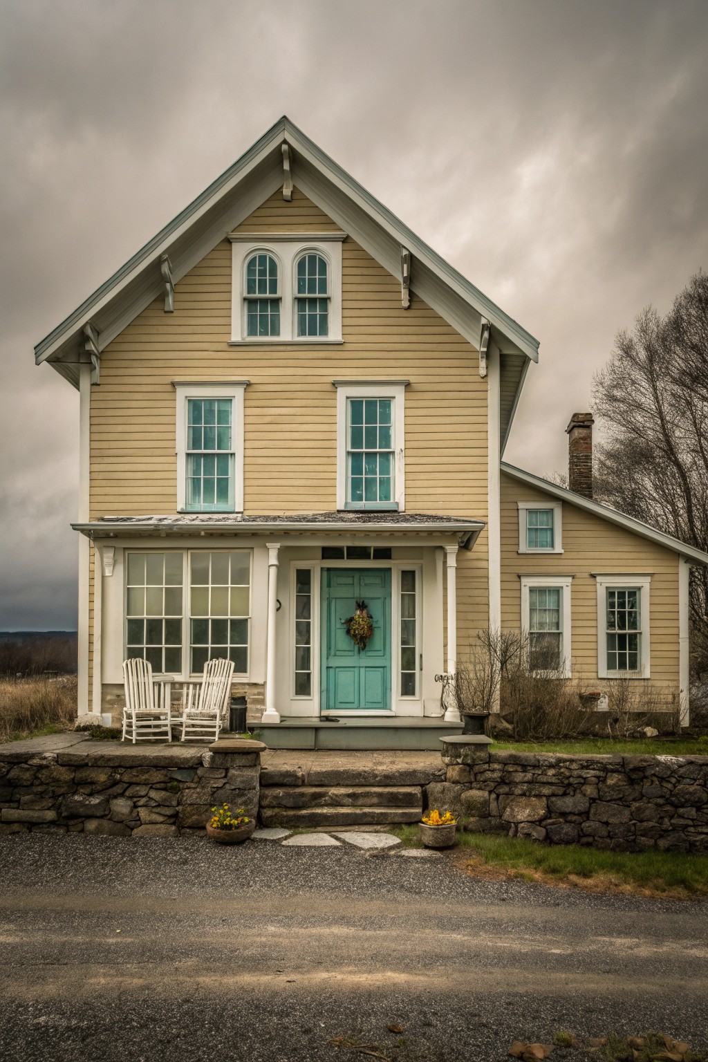A two-story yellow house with white trim, a teal front door, and a low stone wall in front.