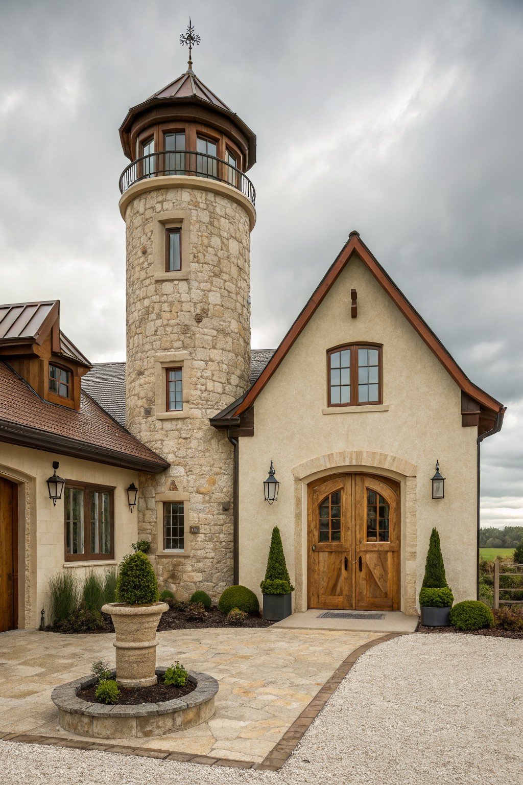 A house exterior with a tall round stone tower beside a gabled stucco section featuring arched wooden double doors.