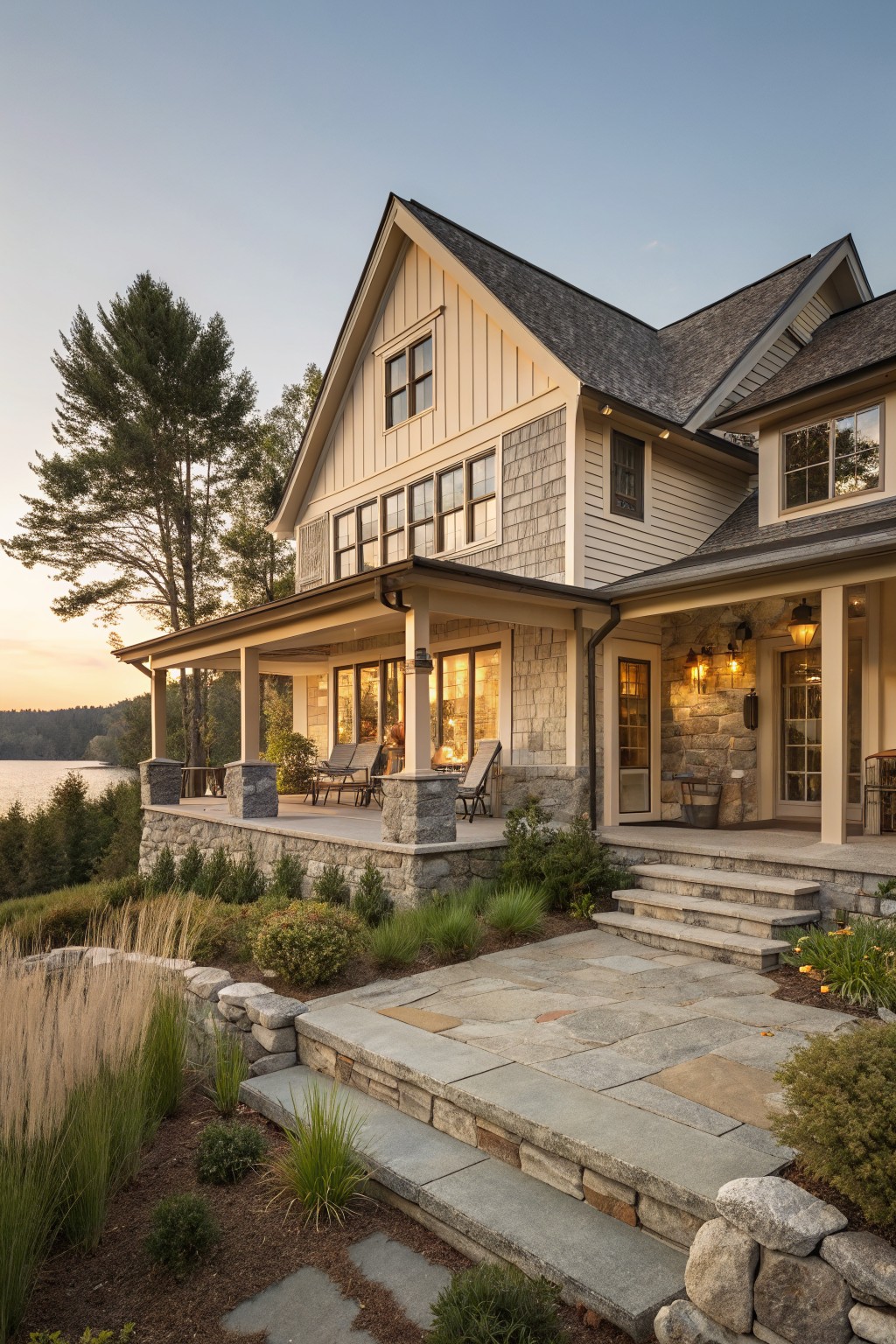 A large two-story farmhouse with light wood siding, stone foundation and pillars, a covered porch, and stone steps in a landscaped setting near water.