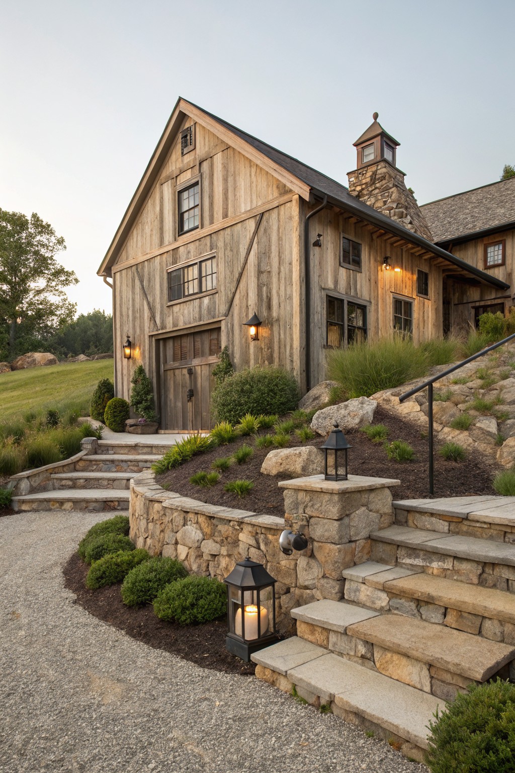 Rustic wooden barn house with stone steps, walls, and glowing lanterns at dusk