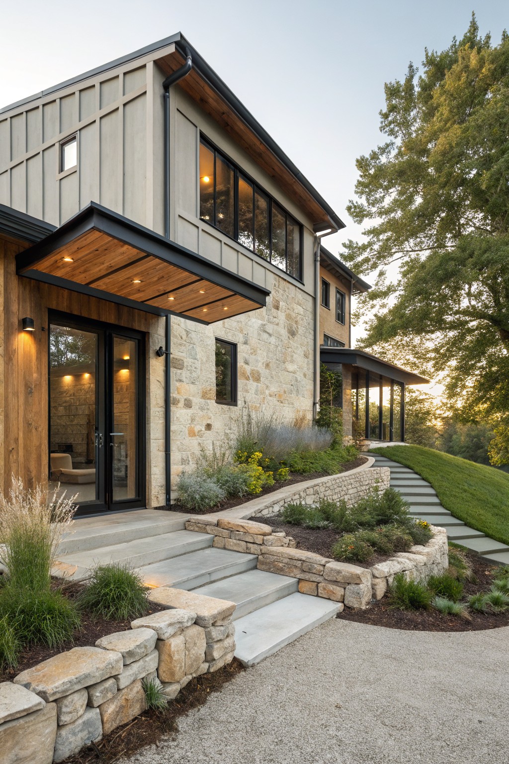 A modern farmhouse exterior with stone walls on the lower level, wood siding and accents above, black metal trim, and a covered entry with concrete steps leading to double glass doors.
