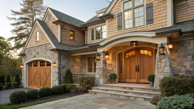 A house exterior with wood shingle siding, a stone arch framing wooden double doors at the entry, and stone accents along the base and columns.