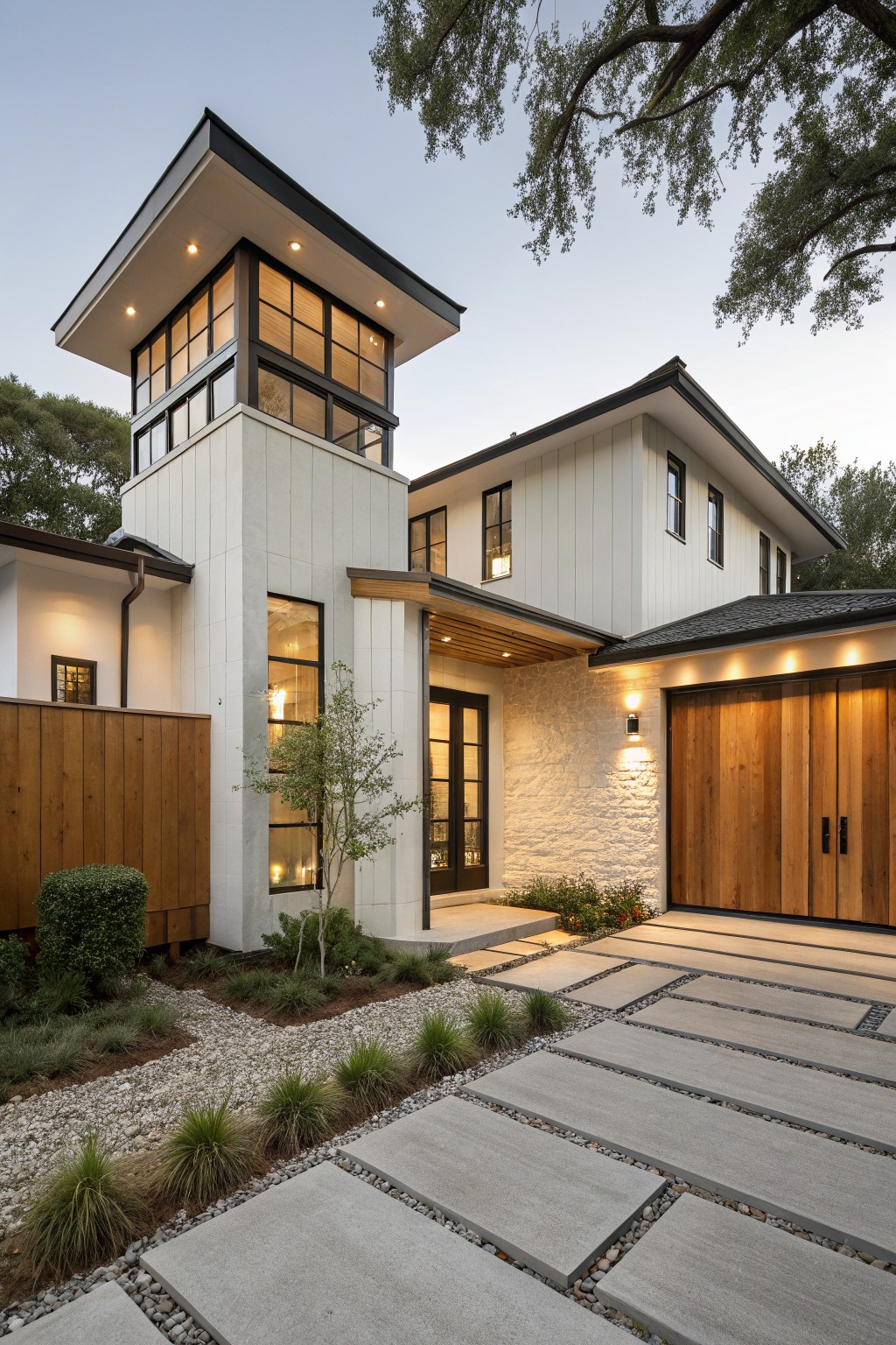 Modern farmhouse exterior featuring white siding, a stone accent wall at the entry, wood garage doors, black window frames, and a concrete paver walkway.