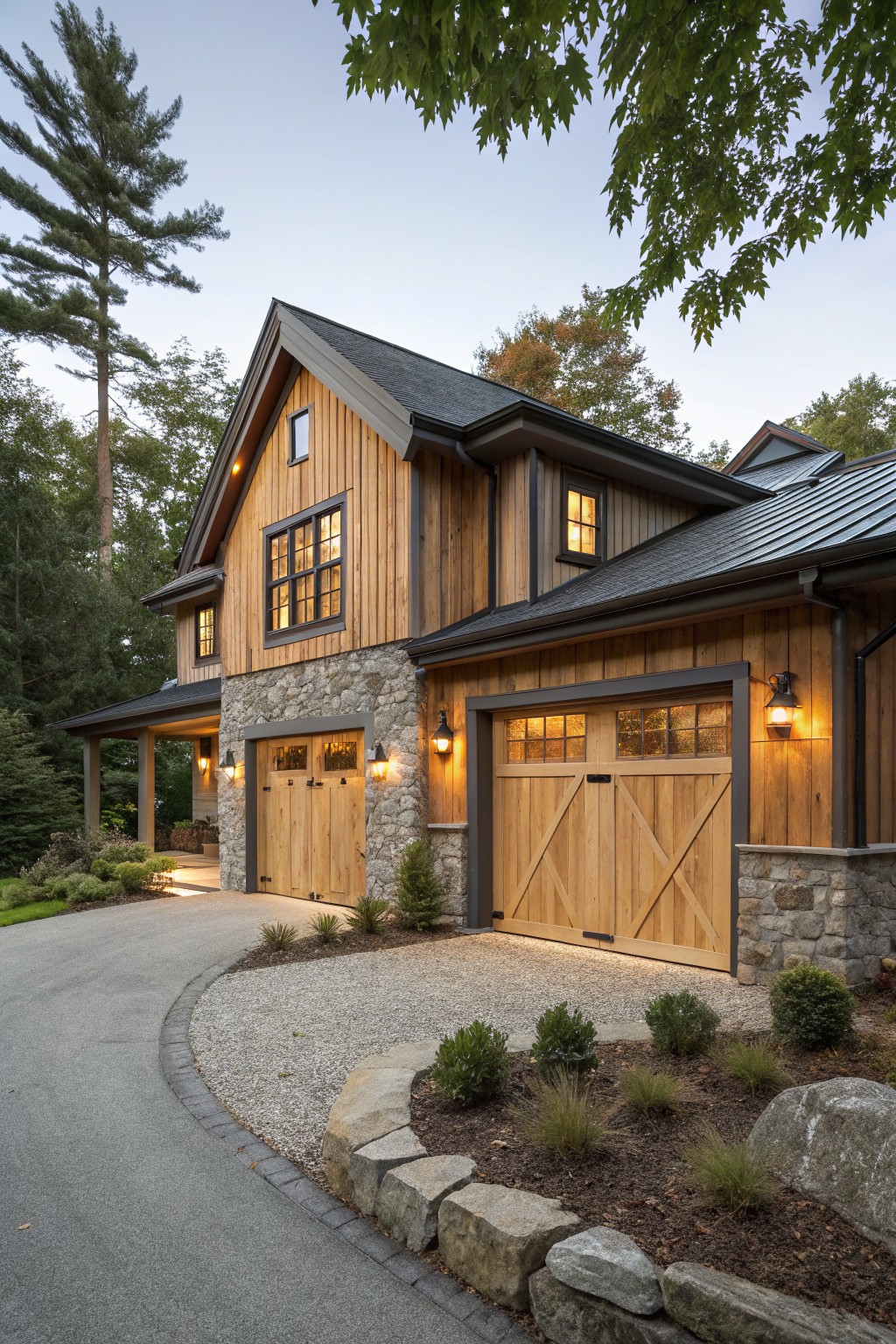 Rustic wooden house with stone base, two lit garage doors, and curved driveway at dusk