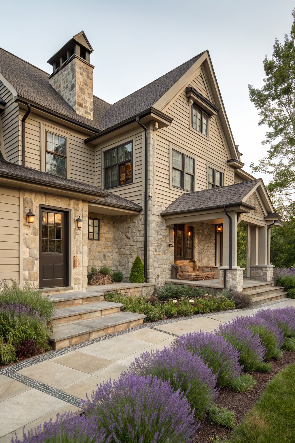 A two-story house exterior with stone accents around the entry and lower walls, beige siding above, a covered front porch, and rows of purple lavender along the walkway.
