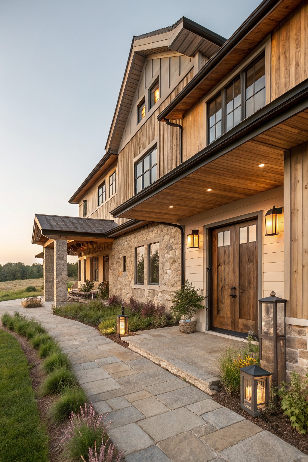 A two-story farmhouse exterior with stone accents on the lower level, wood siding above, and a covered entry with double wooden doors.