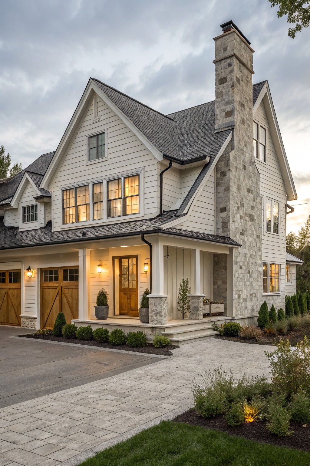 Large white house with stone chimney, porch, and glowing windows at dusk
