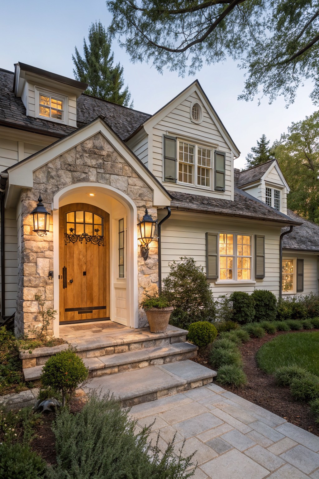 Front view of a two-story white farmhouse with a stone-clad arched entry, wooden door, and stone steps leading to a paved walkway.