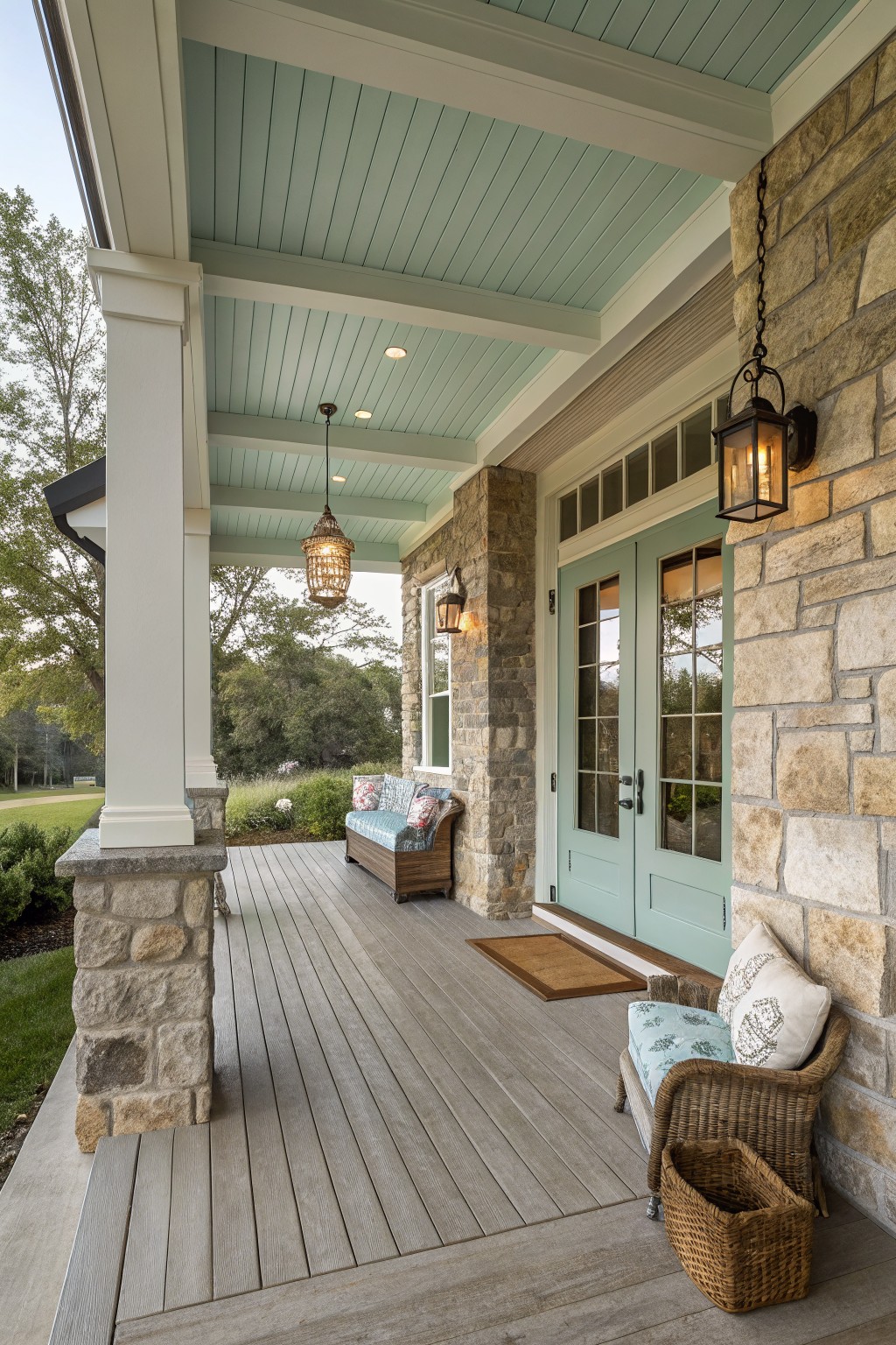 A covered porch with gray wood decking, stone pillars, mint green ceiling, light blue double doors, and outdoor seating including a wicker chair and cushioned bench.