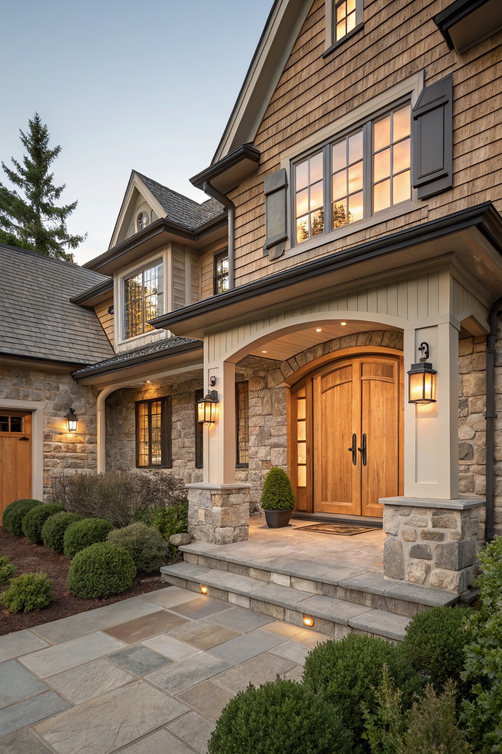 A house exterior with wood shingle siding, a stone arch framing wooden double doors at the entry, and stone accents along the base and columns.